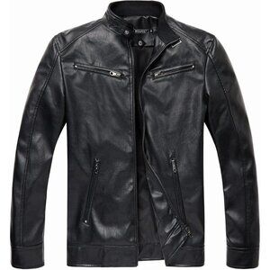 🆕Men's Black0072 Collar Leather Motorcycle Lightweight Faux Leather Jacket